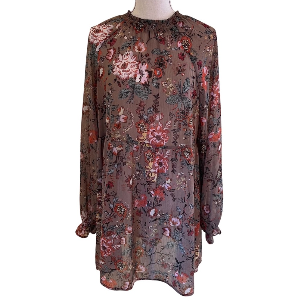 Wonderly Taupe Floral Chiffon Tunic Dress Medium